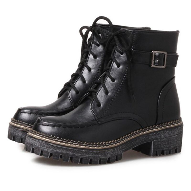 Dames Casual Effen Kleur Gesp Lace Up Platform Korte Combat Boots