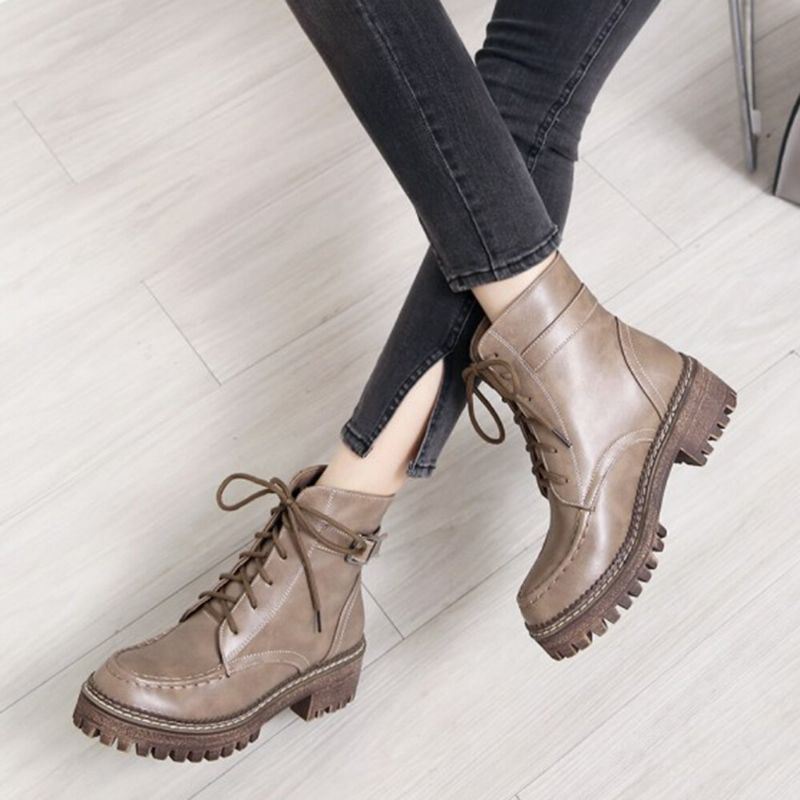 Dames Casual Effen Kleur Gesp Lace Up Platform Korte Combat Boots