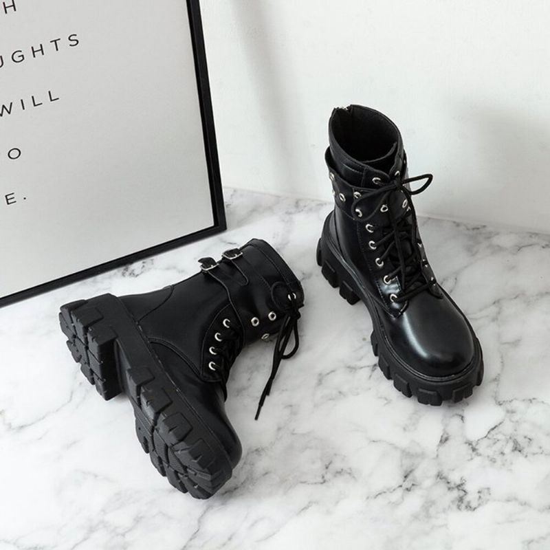 Dames Casual Gesp Decor Veterschoenen Dikke Zool Combat Boots