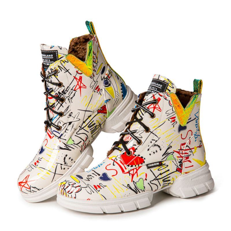 Dames Casual Graffiti Stytish Veterschoenen Met Dikke Bodem En Korte Kuiten