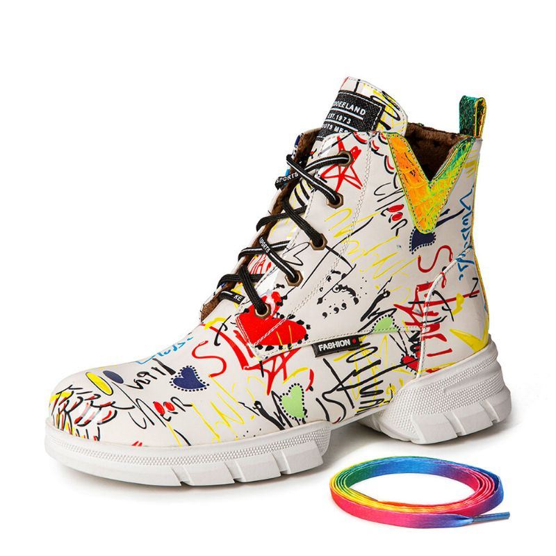 Dames Casual Graffiti Stytish Veterschoenen Met Dikke Bodem En Korte Kuiten