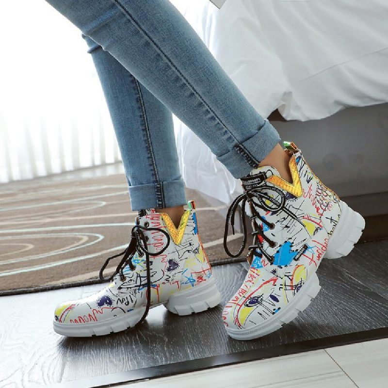 Dames Casual Graffiti Stytish Veterschoenen Met Dikke Bodem En Korte Kuiten