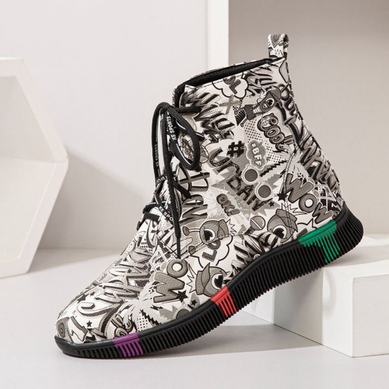 Dames Casual Letter Graffiti Afdrukken Multicolor Lace Up Korte Combat Boots