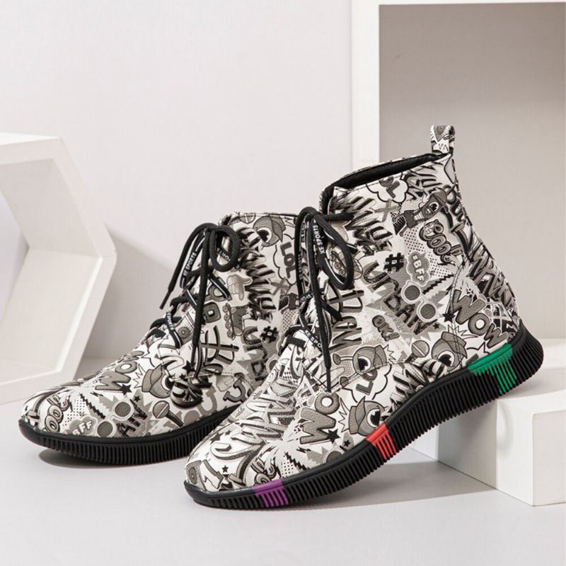 Dames Casual Letter Graffiti Afdrukken Multicolor Lace Up Korte Combat Boots