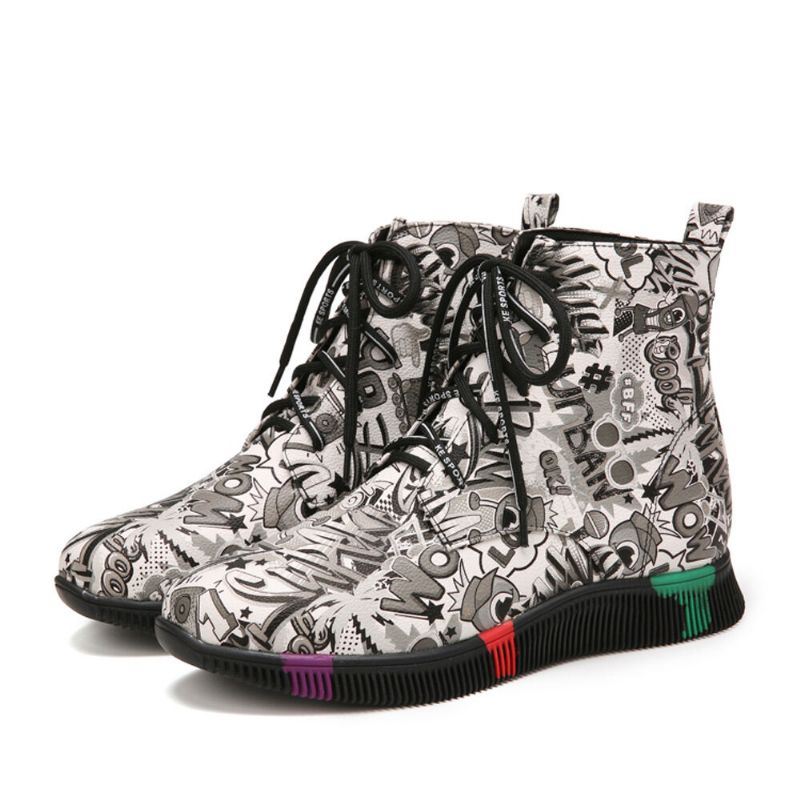 Dames Casual Letter Graffiti Afdrukken Multicolor Lace Up Korte Combat Boots