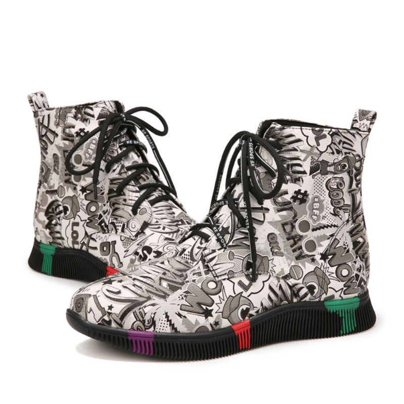 Dames Casual Letter Graffiti Afdrukken Multicolor Lace Up Korte Combat Boots