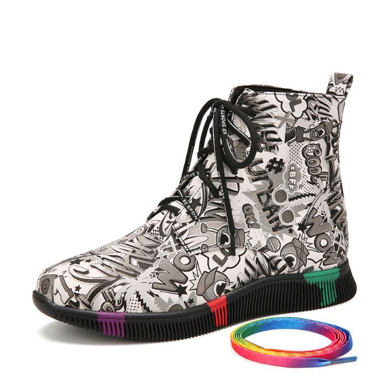 Dames Casual Letter Graffiti Afdrukken Multicolor Lace Up Korte Combat Boots