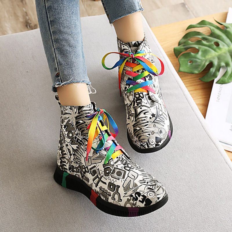 Dames Casual Letter Graffiti Afdrukken Multicolor Lace Up Korte Combat Boots