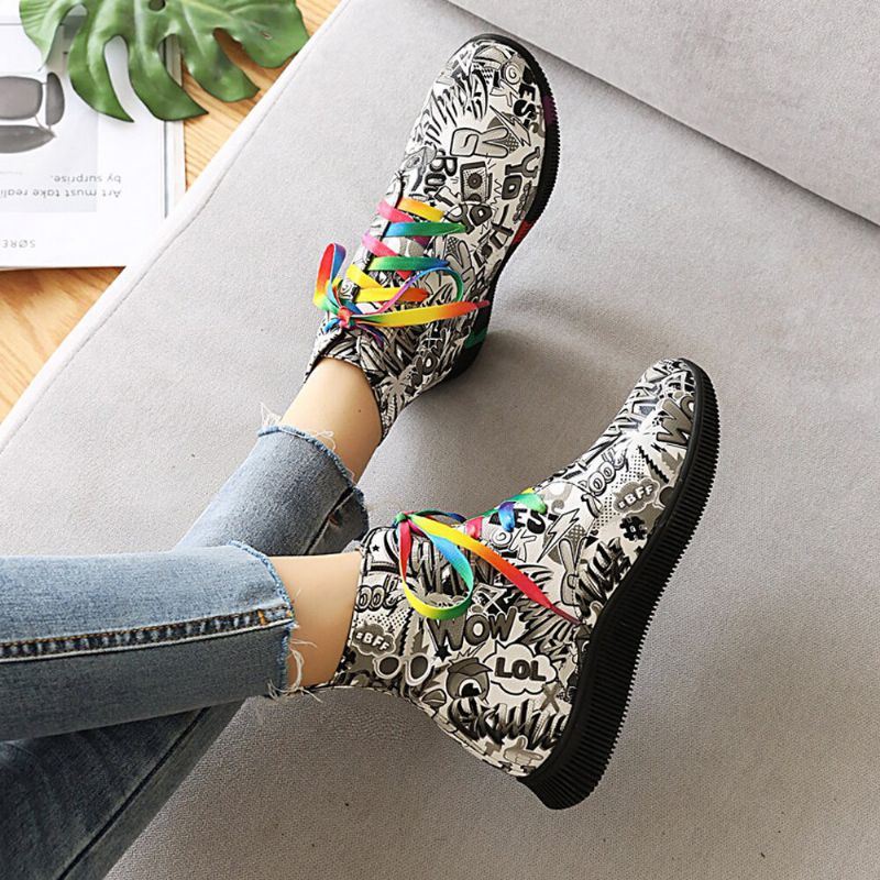 Dames Casual Letter Graffiti Afdrukken Multicolor Lace Up Korte Combat Boots