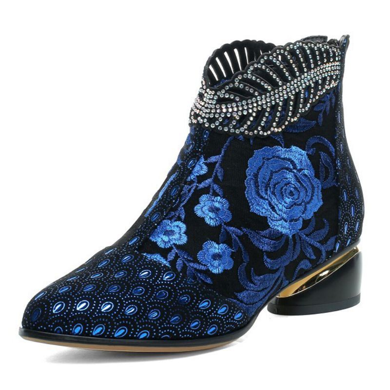 Dames Comfy Soft Leather Geborduurde Bloemen Strass Chunky Heel Enkellaarsjes