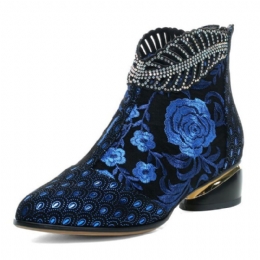 Dames Comfy Soft Leather Geborduurde Bloemen Strass Chunky Heel Enkellaarsjes