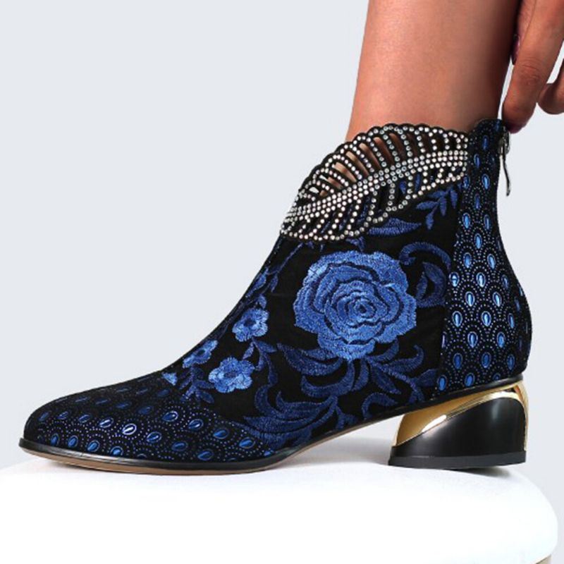 Dames Comfy Soft Leather Geborduurde Bloemen Strass Chunky Heel Enkellaarsjes