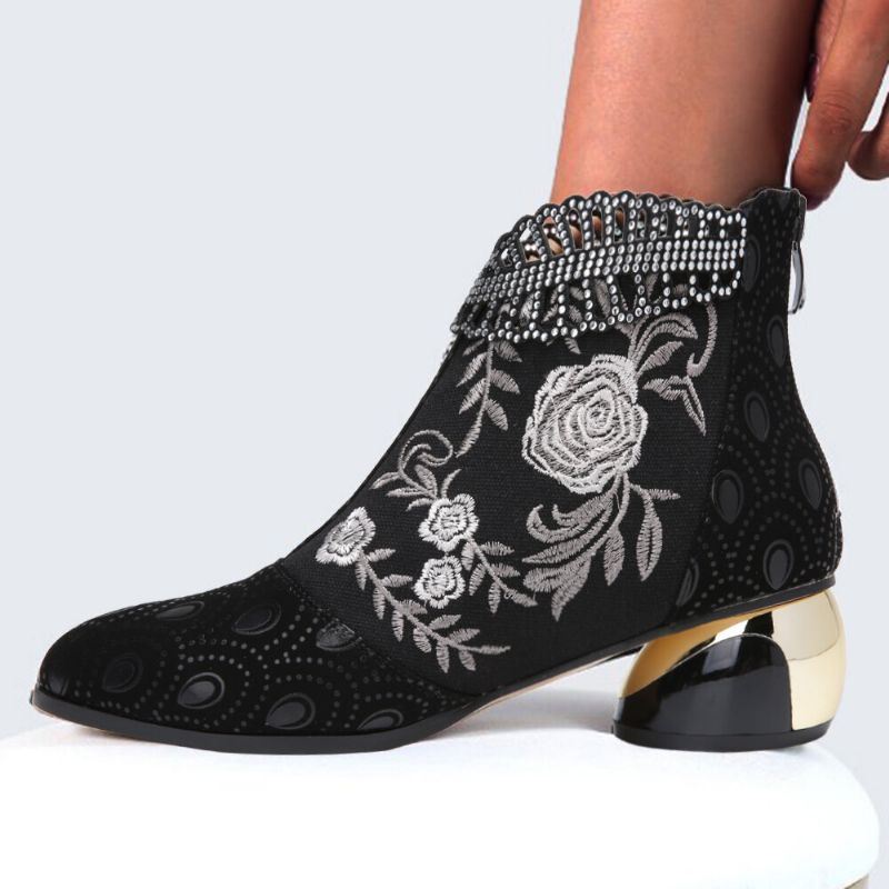 Dames Comfy Soft Leather Geborduurde Bloemen Strass Chunky Heel Enkellaarsjes