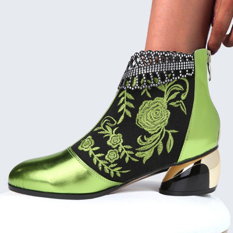 Dames Comfy Soft Leather Geborduurde Bloemen Strass Chunky Heel Enkellaarsjes