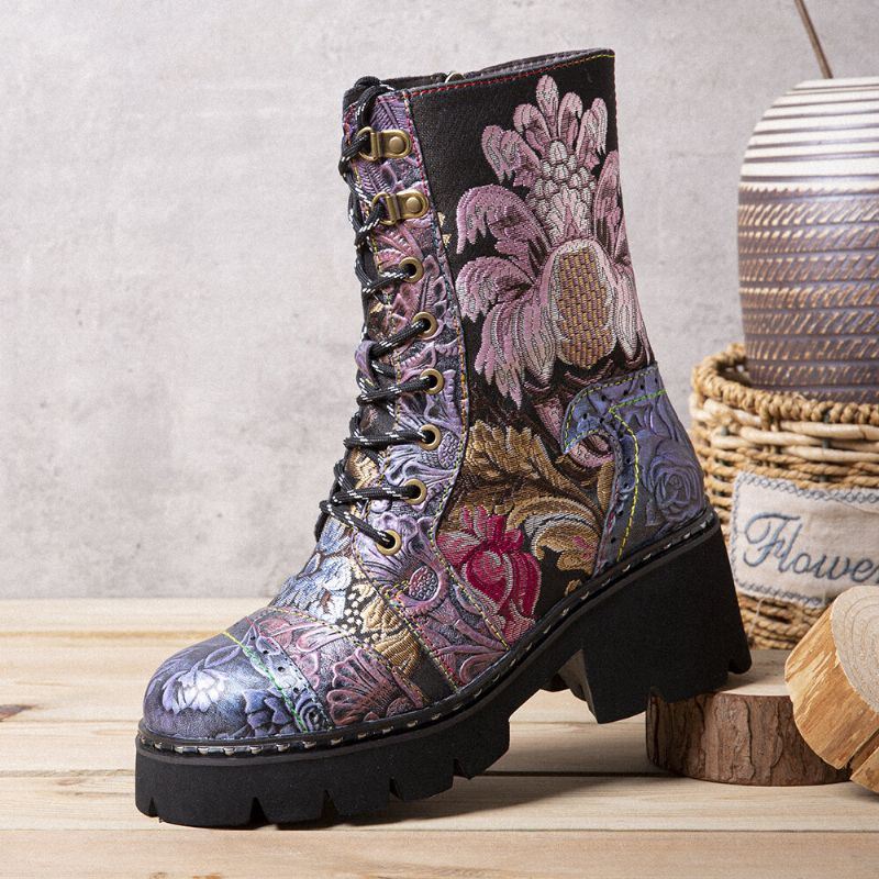 Dames Echt Leer Retro Bloemen Borduurwerk Mid-tube Boots