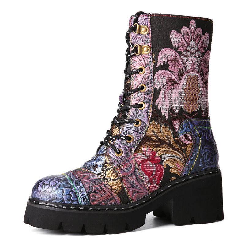 Dames Echt Leer Retro Bloemen Borduurwerk Mid-tube Boots