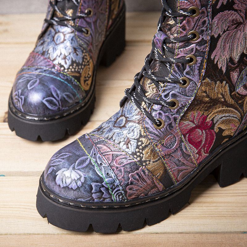 Dames Echt Leer Retro Bloemen Borduurwerk Mid-tube Boots