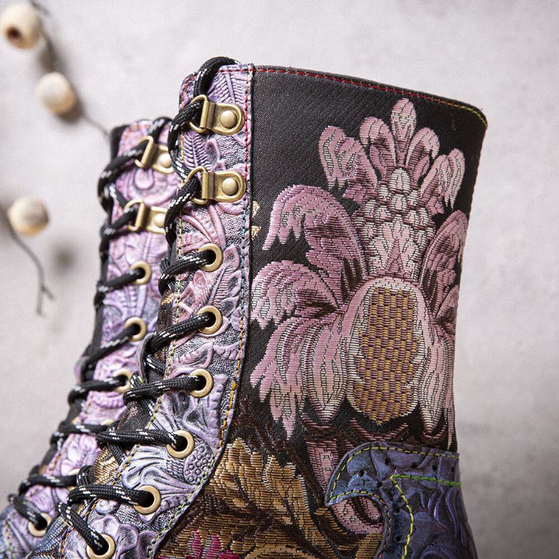 Dames Echt Leer Retro Bloemen Borduurwerk Mid-tube Boots