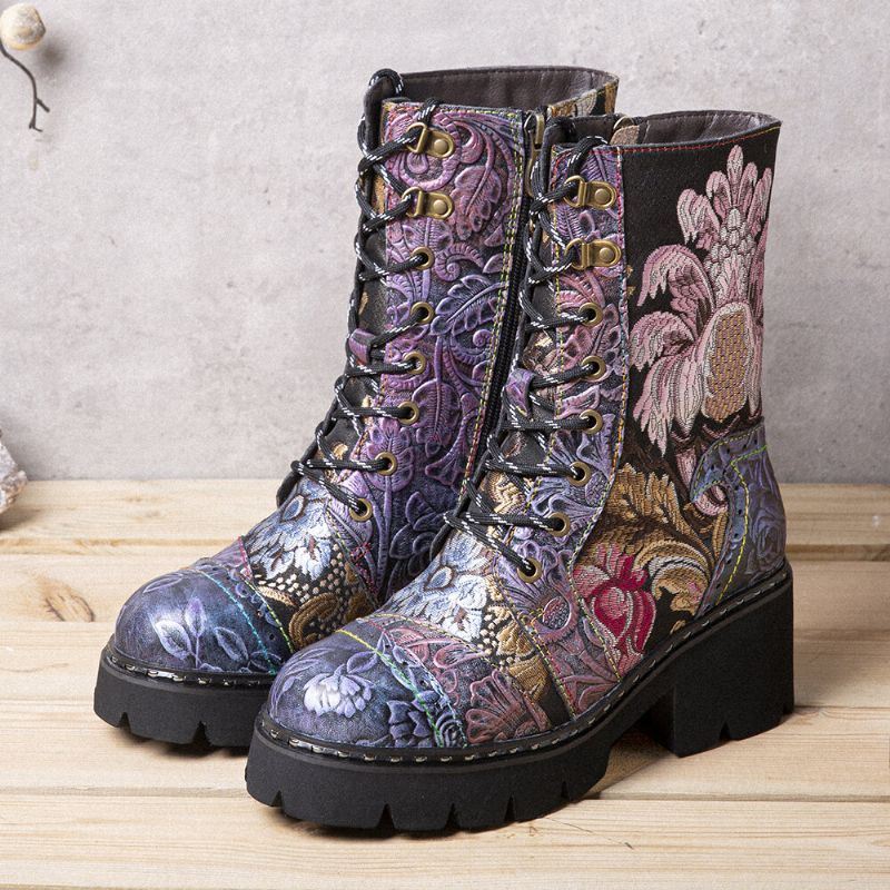 Dames Echt Leer Retro Bloemen Borduurwerk Mid-tube Boots