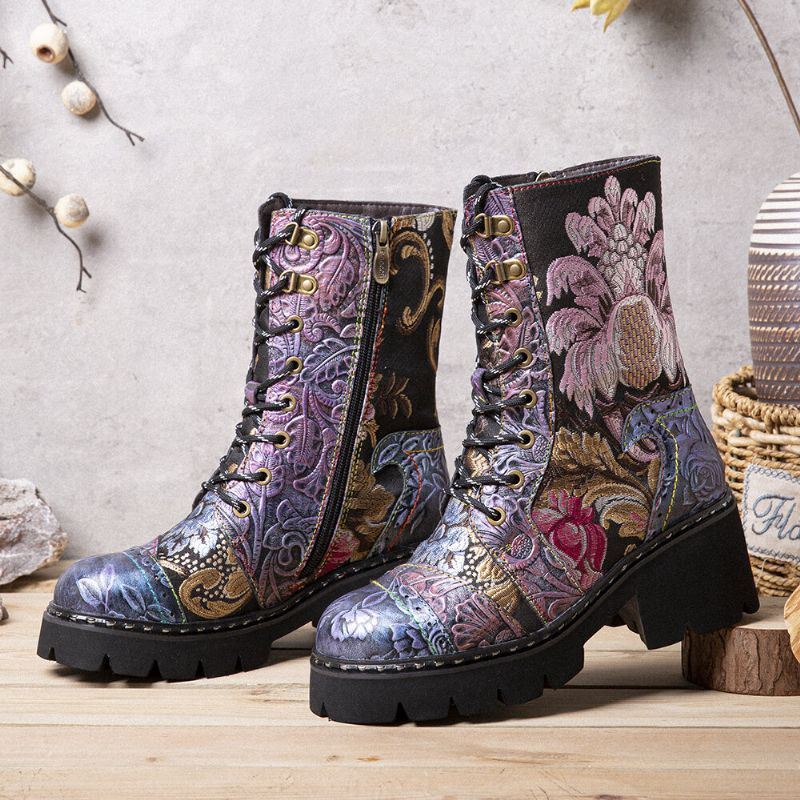 Dames Echt Leer Retro Bloemen Borduurwerk Mid-tube Boots