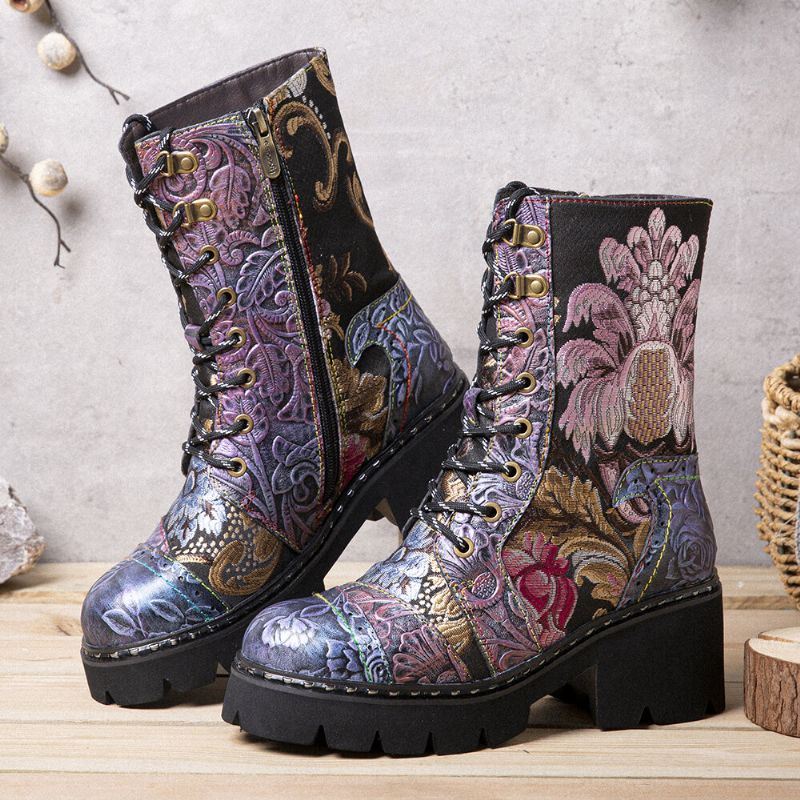 Dames Echt Leer Retro Bloemen Borduurwerk Mid-tube Boots