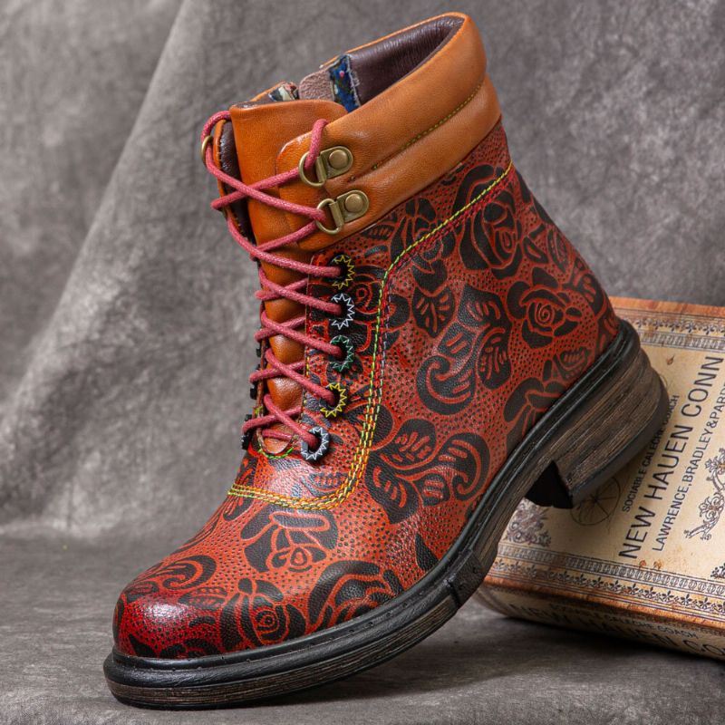 Dames Echt Leer Retro Bloemenpatroon Zijrits Korte Laarzen Martin Boots