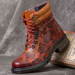 Dames Echt Leer Retro Bloemenpatroon Zijrits Korte Laarzen Martin Boots