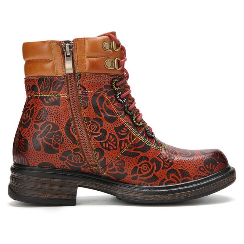 Dames Echt Leer Retro Bloemenpatroon Zijrits Korte Laarzen Martin Boots