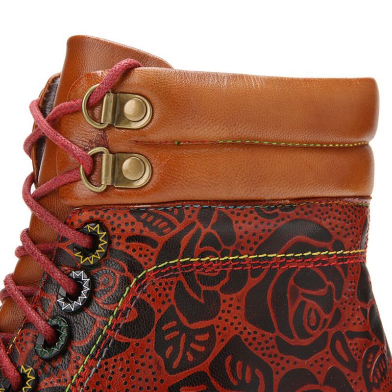 Dames Echt Leer Retro Bloemenpatroon Zijrits Korte Laarzen Martin Boots