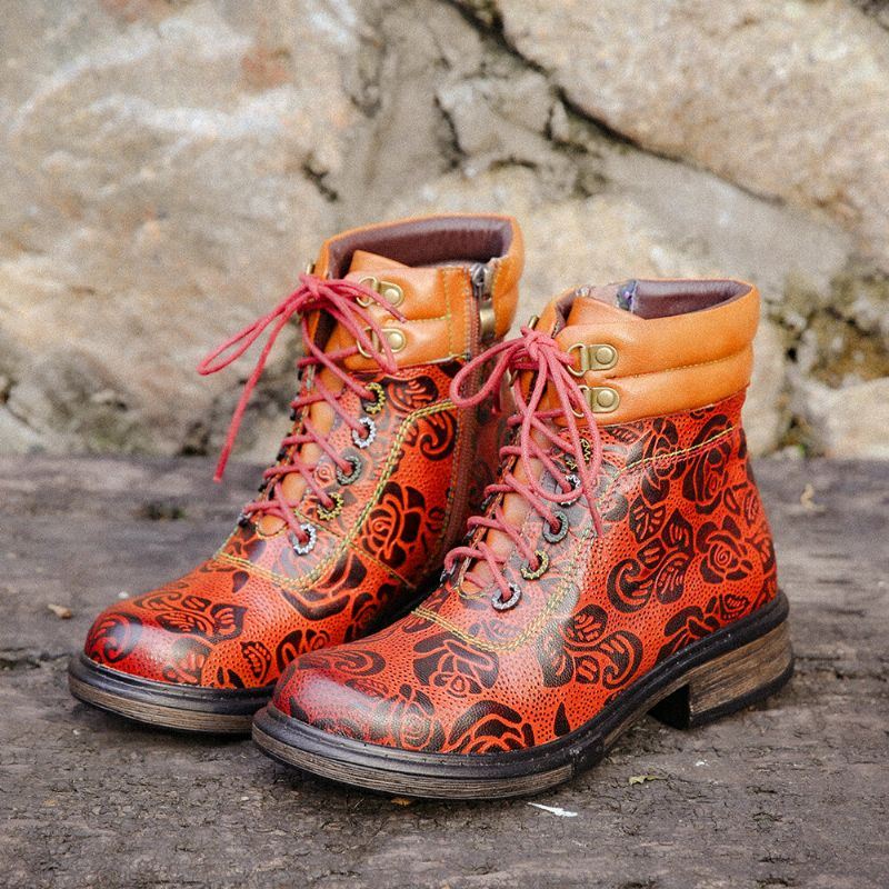 Dames Echt Leer Retro Bloemenpatroon Zijrits Korte Laarzen Martin Boots