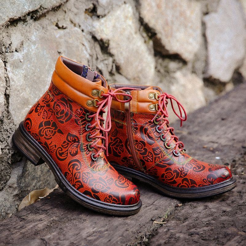 Dames Echt Leer Retro Bloemenpatroon Zijrits Korte Laarzen Martin Boots