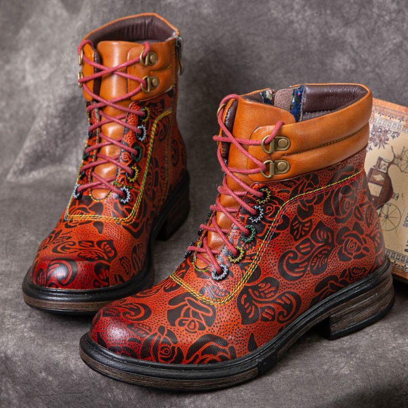 Dames Echt Leer Retro Bloemenpatroon Zijrits Korte Laarzen Martin Boots