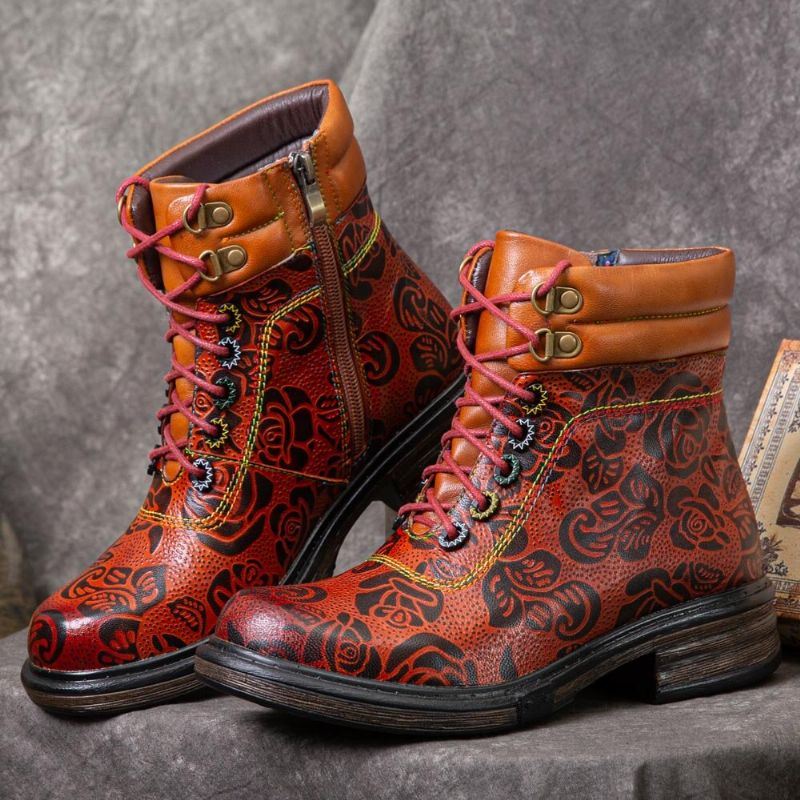 Dames Echt Leer Retro Bloemenpatroon Zijrits Korte Laarzen Martin Boots