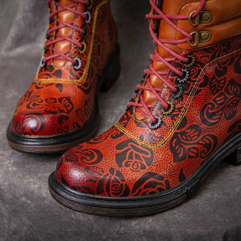 Dames Echt Leer Retro Bloemenpatroon Zijrits Korte Laarzen Martin Boots