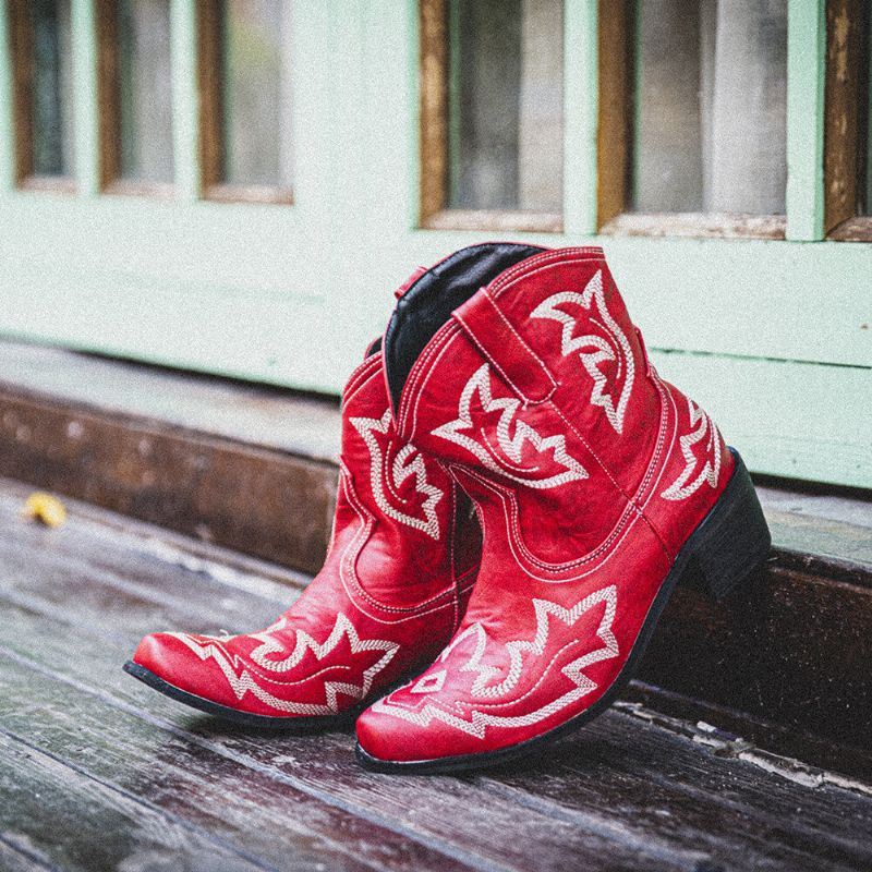 Dames Folkways Bloemen Geborduurde Chunky Heel Slip-on Korte Cowboylaarzen