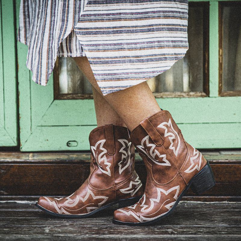 Dames Folkways Bloemen Geborduurde Chunky Heel Slip-on Korte Cowboylaarzen