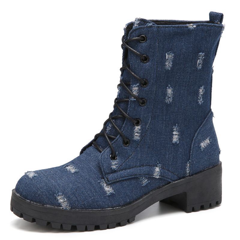 Dames Grote Maat Denim Ronde Teen Veterschoenen Chunky Hak Tooling Korte Laarzen