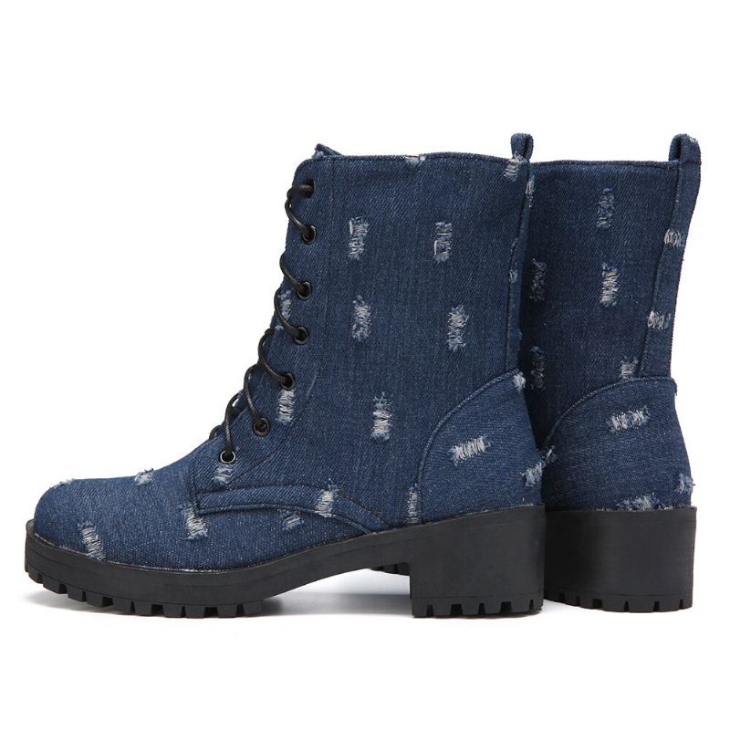 Dames Grote Maat Denim Ronde Teen Veterschoenen Chunky Hak Tooling Korte Laarzen