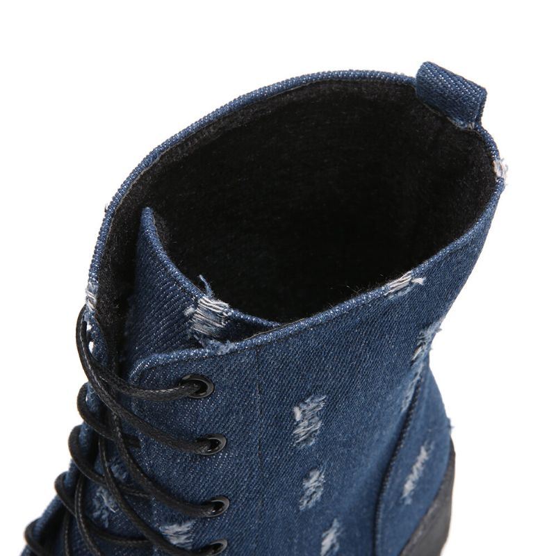 Dames Grote Maat Denim Ronde Teen Veterschoenen Chunky Hak Tooling Korte Laarzen