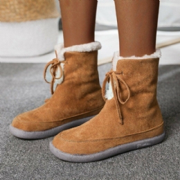 Dames Grote Maat Effen Kleur Synthetische Suède Doorwaadbare Warme Platte Korte Snowboots Met Veters