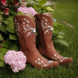 Dames Grote Maat Retro Bloemen Geborduurde Instappers Cowboylaarzen