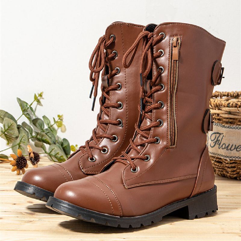 Dames Grote Maat Ronde Neus Veterschoenen Casual Wearable Half-kalf Combat Boots