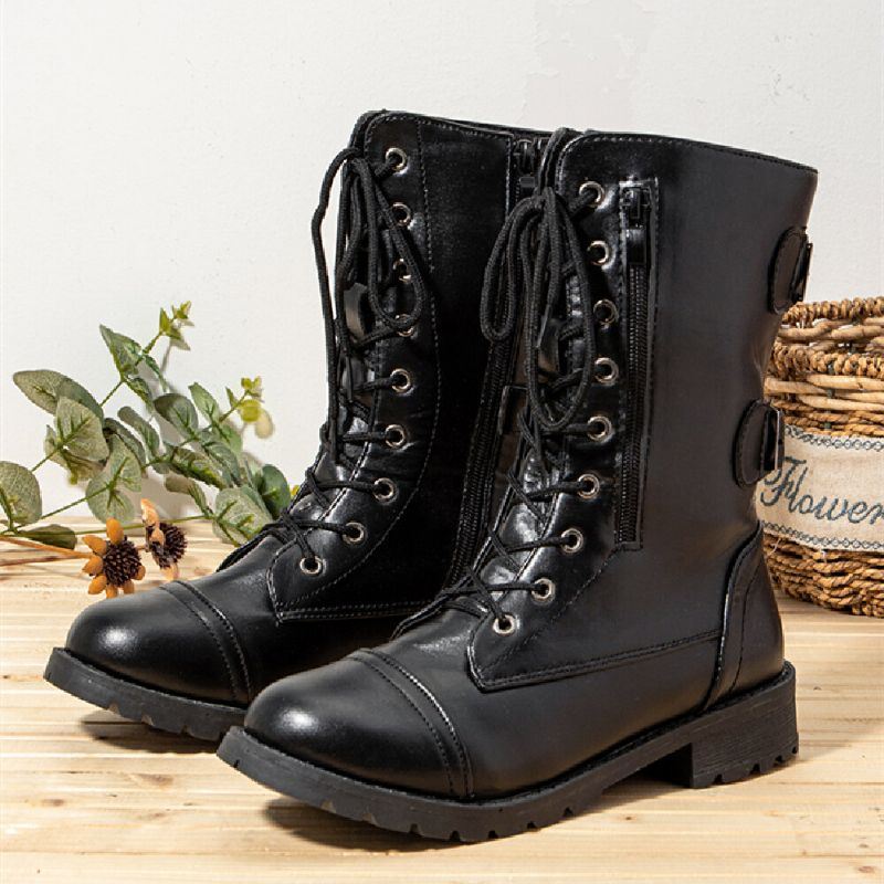 Dames Grote Maat Ronde Neus Veterschoenen Casual Wearable Half-kalf Combat Boots