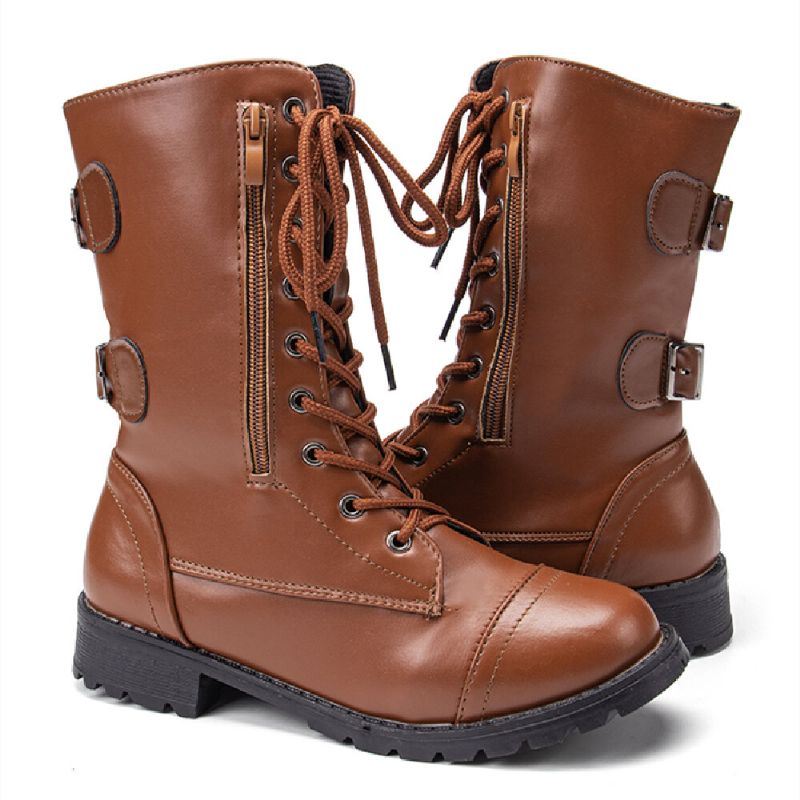 Dames Grote Maat Ronde Neus Veterschoenen Casual Wearable Half-kalf Combat Boots