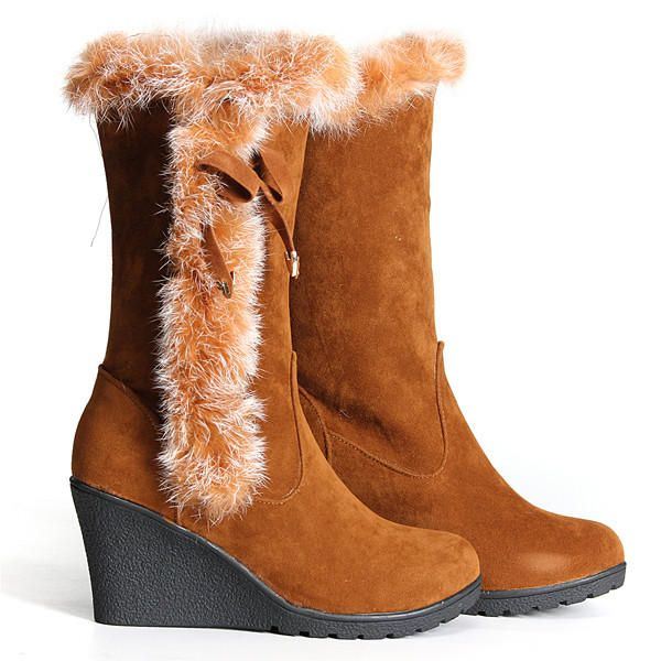 Dames Kunstbont Voering Trim Halfhoge Sneeuw Wedge Heel Snowboots