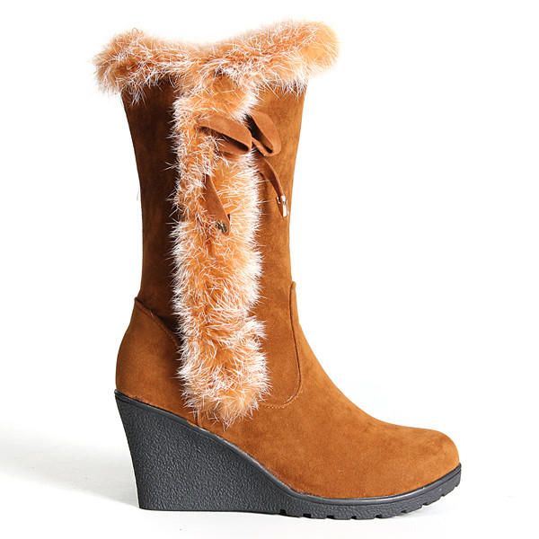 Dames Kunstbont Voering Trim Halfhoge Sneeuw Wedge Heel Snowboots