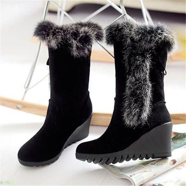 Dames Kunstbont Voering Trim Halfhoge Sneeuw Wedge Heel Snowboots