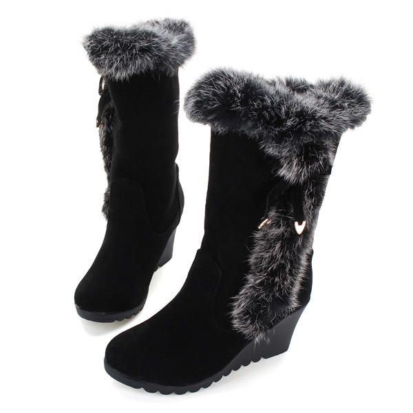 Dames Kunstbont Voering Trim Halfhoge Sneeuw Wedge Heel Snowboots