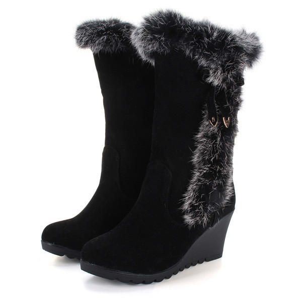 Dames Kunstbont Voering Trim Halfhoge Sneeuw Wedge Heel Snowboots