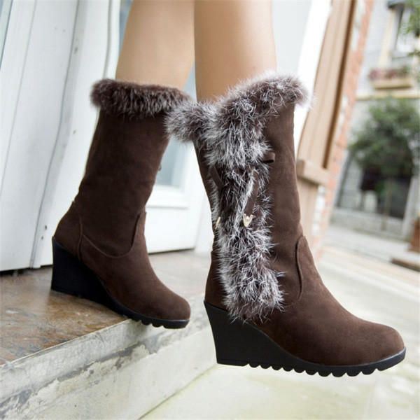 Dames Kunstbont Voering Trim Halfhoge Sneeuw Wedge Heel Snowboots